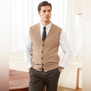 Kallspin Cable-Knit Vest Cashmere Wool Blend Cardigan in Beige Tan M NWOT